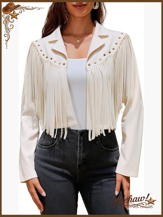Jackets & Blazers - Faux Suede Fringe Tassel Motorcycle Cropped Jacket Coat With Rivets